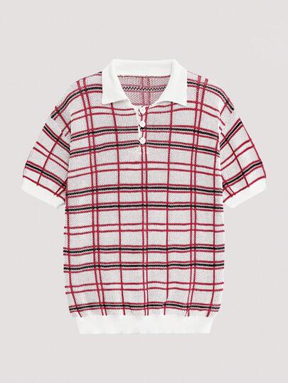 Open Phase Vintage Plaid Knit Polo Collar Short Sleeve T-Shirt, Versatile Knit Top For Men, Spring/Summer