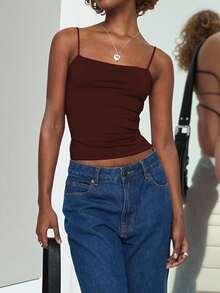 INAWLY 女士休闲度假风简约纯色系带露背修身短款吊带背心，夏季 - 咖啡棕 - 查看 2