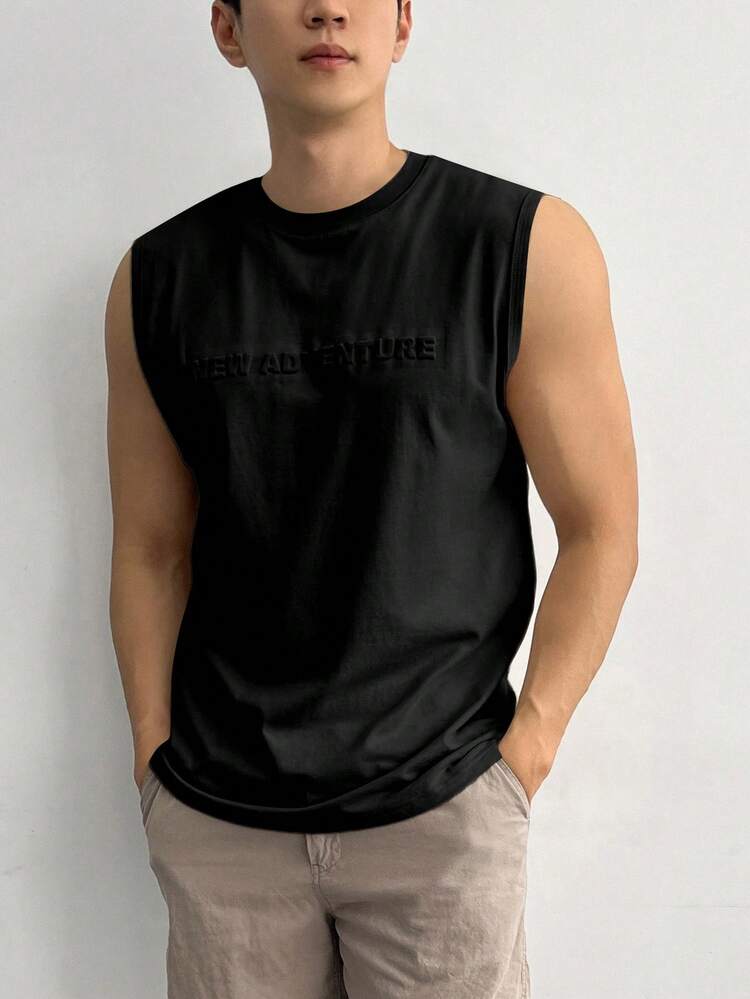 Men's Casual Letter Embossed Black Tank Top, Summer
