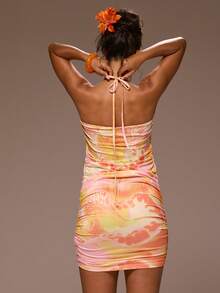 MUSERA Đầm ngắn ôm sát in họa tiết, cổ buộc dây, chi tiết thắt nút phía trước, thích hợp cho mùa xuân hè, kỳ nghỉ, buổi tối đi chơi, dịp đặc biệt, Golden Sands. - Nhiều màu - Xem 4