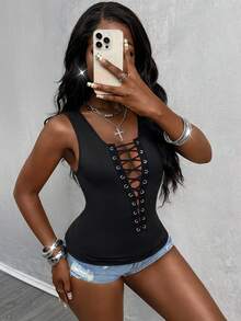 Glyssa 女士圆领无袖抽绳吊带背心，修身镂空设计，性感迷人，适合夏季度假，休闲性感假日上衣 - 黑色 - 查看 3