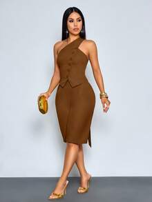 SOLERSUN Commuting Night Out Old Money Style Asymmetric Neckline Sleeveless Drop-Waist Top And Seven-Inch Pants Set Shades Of Brown Summer - Brown - View 7