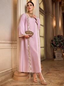 Al Najma Robe de style arabe élégante avec décoration de ruban pailleté pour femmes - Vieux Rose - Voir 5