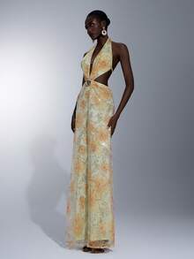 Elitara 优雅、浪漫、时尚、性感杏色印花珠饰面料深V领露背A字连衣裙，优雅派对礼服，婚礼宾客礼服，单身派对礼服，假日度假礼服，沙滩派对礼服，鸡尾酒会礼服 - 杏色 - 查看 5