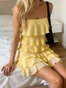 Cévolie Đầm hai dây ngắn xếp ly, có họa tiết, kiểu dáng thường ngày, thích hợp cho nữ đi nghỉ mát. - Butter Yellow - Xem 4
