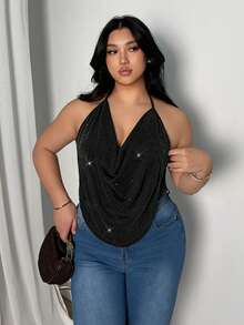 Firerie Camiseta de mujer de talla grande de unicolor con cuello drapeado con strass - Negro - Ver 5