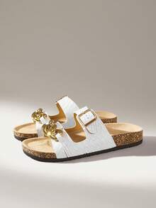 Solecia 女士白色双带凉鞋，菱形鞋面设计，金色大链条装饰，可调节金属扣，厚底防滑外拖鞋，休闲购物，度假沙滩凉鞋 - 白色 - 查看 2