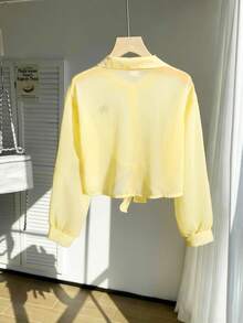 SHEIN Girls' Casual Solid Color Minimalist Collared Long Sleeve Lantern Sleeve Printed Blouse With Knotted Hem, Lightweight Summer Shirt For Everyday Wear - Yellow - View 2