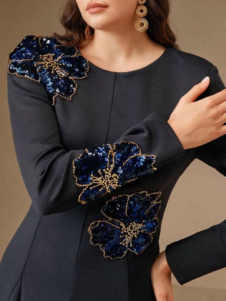 Plus Size Women's Blue Elegant Party Dress, Sequin & Beaded Embellished Long Formal Gown For Cocktail, Wedding, Evening Events
