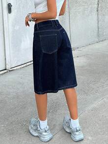 SHEIN 100% Cotton Tall Low Waist Raw Wash Denim Jort - Dark Wash - View 2