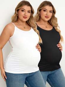 Plussiva Maternity Plus Size Casual Solid Color Camisole Top Post Partum Lounge White Black Summer - Black and White - View 1