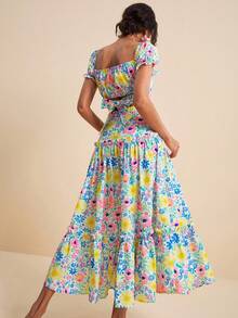 LOTSLUV Set di gonna a 2 pezzi da donna, top corto con spalle scoperte, maniche a sbuffo arricciato ed elastico, con retro annodato, gonna midi a vita alta a-line con balza, outfit da vacanza e festa, set da 2 pezzi per donna, set da 2 pezzi, outfit da vacanza a 2 pezzi, set bohémien estivo a 2 pezzi - Multicolore - Visualizzare 2