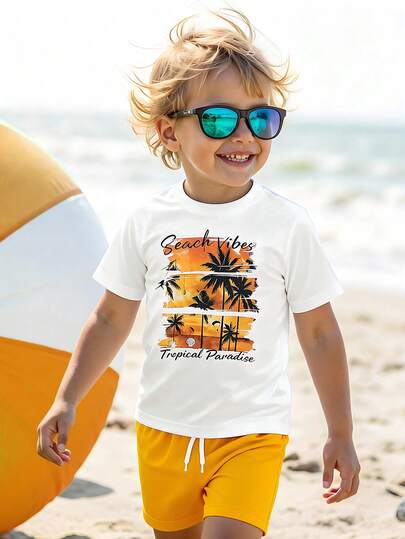 SHEIN Streecool Kids Set de 2 piezas de camiseta de manga corta con estampado de lema de árbol de coco y pantalones cortos casuales para niño pequeño, adecuado para uso casual diario de verano, vacaciones, playa, vacaciones