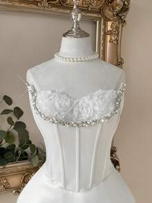 Lovelzi Elegant White Bridal Shower,3D Floral Rhinestone Strapless 2 In 1 Fishtail A-Line Evening Party Wedding Cocktail Short Gown Spring - White - View 7