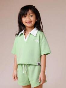 SUMWON Girls Mint Green Polo Set With White Collar And Matching Shorts Summer Kids Co Ord Outfit - Green - View 3