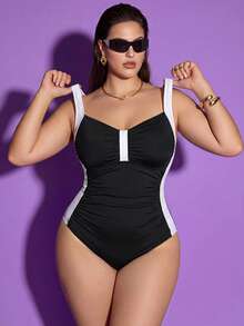Shapewave Plus Size Women Contrast Color Ruched One-Piece Swimsuit - Black - View 4