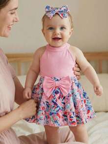 SHEIN Baby Girl Solid Color & Graphic Print Bow Decor Skirt Set - Pink - View 3