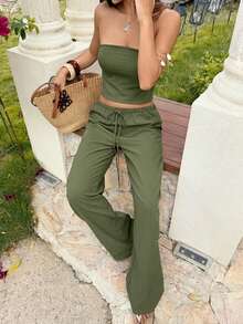 SHEIN VCAY Bộ 2 món áo ống dệt trơn hở lưng và quần ống rộng cạp cao cho nữ - Màu xanh Bạc hà - Xem 5