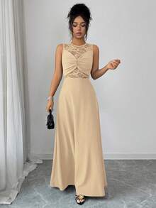 Elenzga Robe élégante, romantique et sexy pour femmes avec patchwork en dentelle, col rond, détail de torsion à la taille et jupe fluide - Nude - Voir 8