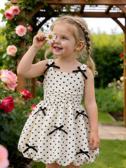 Summer Dress Polka Dot Dress Young Girl' Sweet Cute Dress With 3D Bow Decor, Suspender Waist Gathered Lantern Hem Dress, Children Summer Casual Vacation Chic Style Summer Outfits Squishy Dress Summer Outfits Squishy Dress Summer Dress  Polka Dot Dress