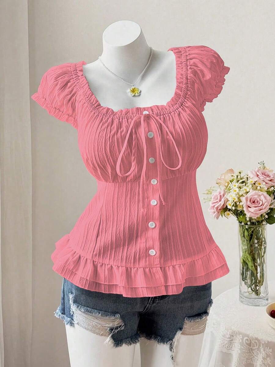 Sweetra Cute Casual Puff Sleeve Cinched Waist Button-Front Short Sleeve Summer Shirt - Pink - View 1