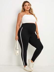 Plussiva Maternity Plus Size Adjustable High Waist Contrast Striped Side Skinny Leggings - Black - View 5