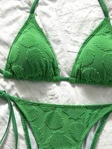 Swim Mod 女士提花面料挂脖比基尼套装，适合春夏度假穿着 - 綠色 - 查看 5