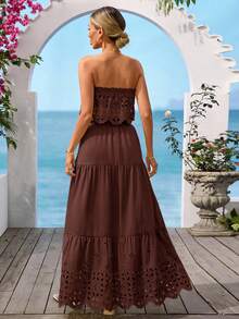 Vivid Eden Women's Solid Color Minimalist Daily Wear Bandeau Top And Skirt 2-Piece Set,Vacation Outfits Women - Brown - View 2