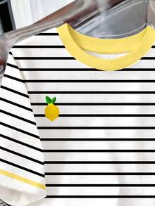 Tricou Tween Girl cu imprimeu dungat, mânecă scurtă, casual, minimalist, pentru fete, potrivit pentru vară - Multicolor - Vizualizare 3