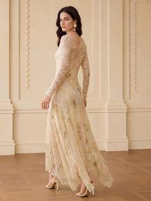 ZEYLAH 女士不对称下摆浪漫长裙，腰部收紧设计，适合春夏穿着 - 杏色 - 查看 5