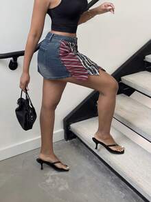 Alexandranx Váy denim ngắn cạp thấp phong cách đại học Retro Baddie dành cho nữ - Rửa trung bình - Xem 6