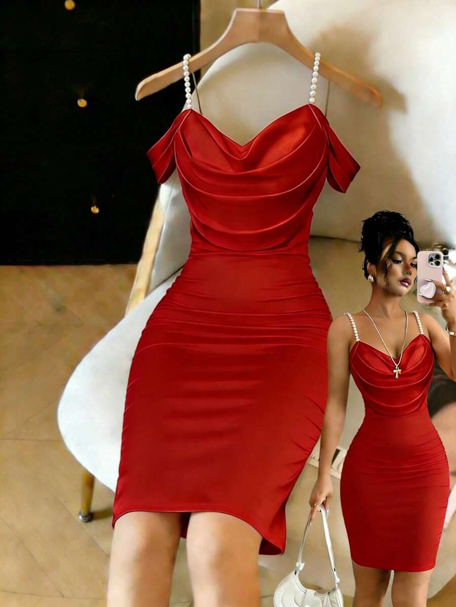 Franclia Vestido midi ajustado y sexy con hombros descubiertos, fruncido y con cuentas para mujeres - Rojo - Ver 1