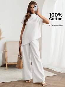 Easowa 100%纯棉杏色宽松女士两件套，立领蝙蝠袖短袖不对称下摆衬衫搭配长裤，保守时尚套装，适合办公室、通勤和日常休闲穿着，春夏款。 - 白色 - 查看 6