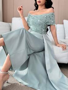 Women's New Luxury Elegant High-End Cinched Waist A-Line Banquet Light Formal Dress - Gray green - View 3