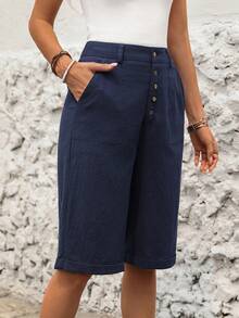 SHEIN LUNE Women's Chic Elegant Navy Blue 100 Percent Cotton Slant Pocket Bermuda Shorts, Summer Vacation Casual Solid Color Half Pants Daily Wear - Blue - View 8