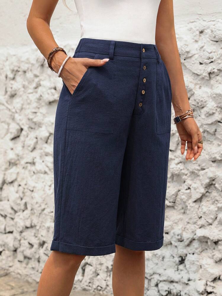 Women's Solid Color Slant Pocket Casual Shorts For Summer Daily Wear Cotton Short Outfits For Women Shorts For Women 100 Percent Cotton Clothing Women Bermuda Shorts For Women Short For Women Shorts For Women Casual Blue Half Pants Airport Dark Navy Blue