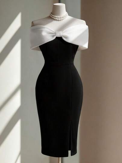 Endroma 女士优雅撞色蝴蝶结露肩连衣裙