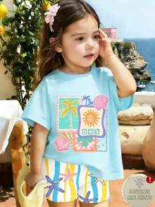 2pcs Baby Girl Vacation Style Fresh Sunshine Coconut Tree Shell Geometric Print Short Sleeve Top T-Shirt And Colorful Wave Sea Star Print Shorts Set, Suitable For Outdoor Summer - Multicolor - View 2