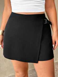 Auralis Talla Grande Negro Verano Casual Elegante Diario, Falda-Pantalón de Punto con Dobladillo Asimétrico, Ropa de Oficina Elegante para el Desplazamiento con Decoración de Hebilla Metálica - Negro - Ver 4