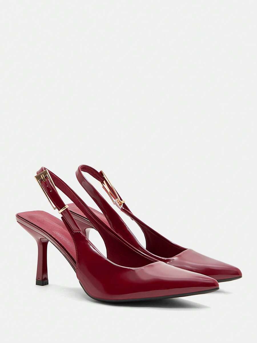 CUCCOO CURVES 女鞋 尖头酒红色镜面搭扣设计 日常百搭时尚宽楦高跟鞋 - 酒紅色鏡面 - 查看 1