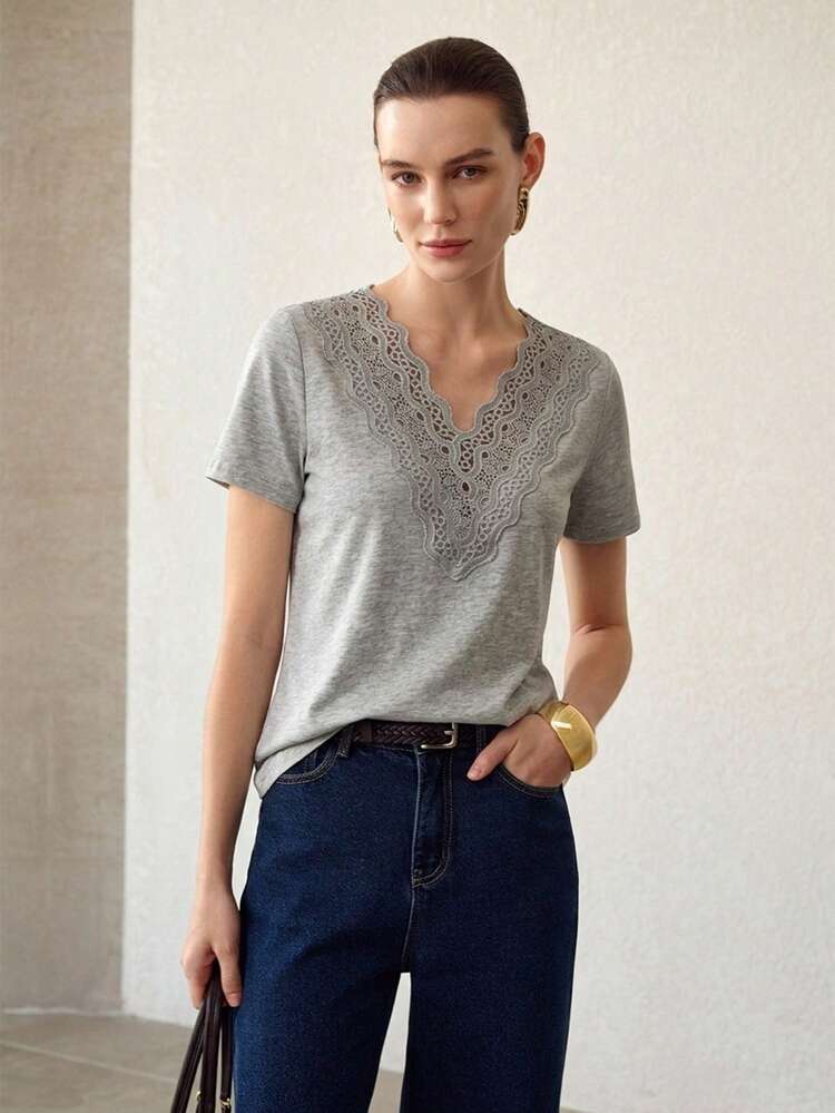 WOMEN SUMMER SOLID LACE TRIM V-NECK SHORT SLEEVE TEE
