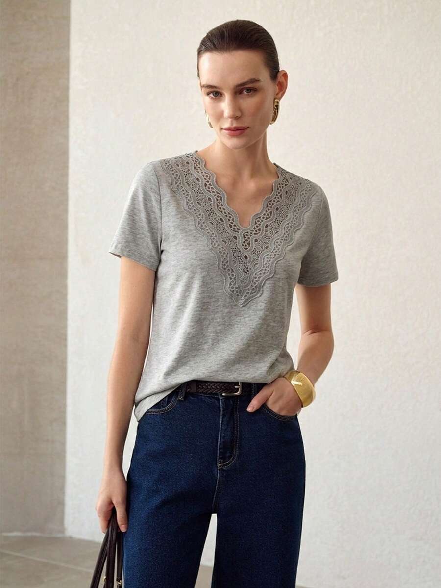PREMIUM ÁO THUN NỮ MÙA HÈ CỔ CHỮ V TAY NGẮN VIỀN REN MÀU TRƠN - Xám - Xem 1