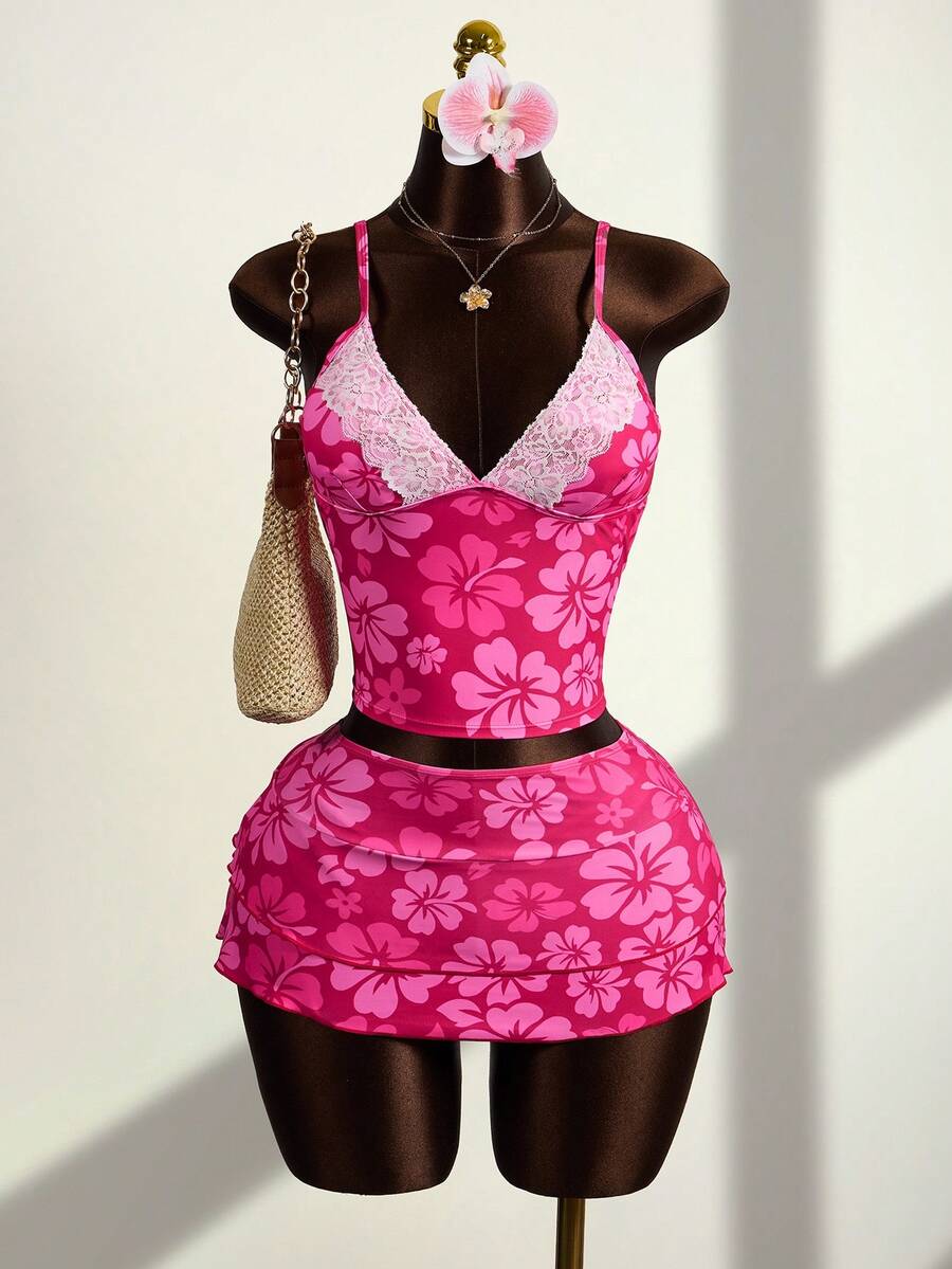 Zestiva Conjunto de 3 piezas de traje de baño para mujer para el verano, Tankini con estampado floral sexy y encaje, con falda de volantes en capas - Multicolor - Ver 1