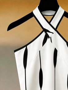 Franclia Nuevo body ajustado con recorte cruzado sin espalda para mujer, versátil minimalista, parte superior con estampado floral en blanco y negro, body en blanco y negro, adecuado para el trabajo, el trayecto, exudando encanto intelectual, verano, vacaciones de verano, primavera, ropa de primavera para mujer, playa, cumpleaños, vestido de cumpleaños, salida, vacaciones, casual, Y2K, atuendo de temporada de graduación, body sin espalda versátil y de moda de uso diario casual en blanco y negro/body - Blanco y Negro - Ver 4