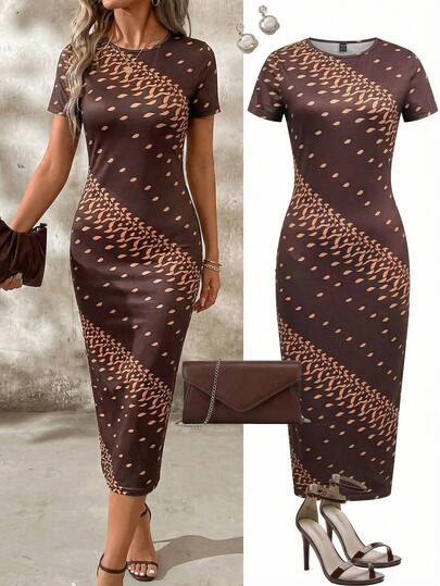 Ellevyn Women's Printed Vacation Fitted Stylish Short Sleeve Dress  Women's Elegant And Sexy Brown Printed Stretch Knit Long-Sleeved Dress, Perfect For Summer Outings, Travel, And Country Vacations.  Country Dress