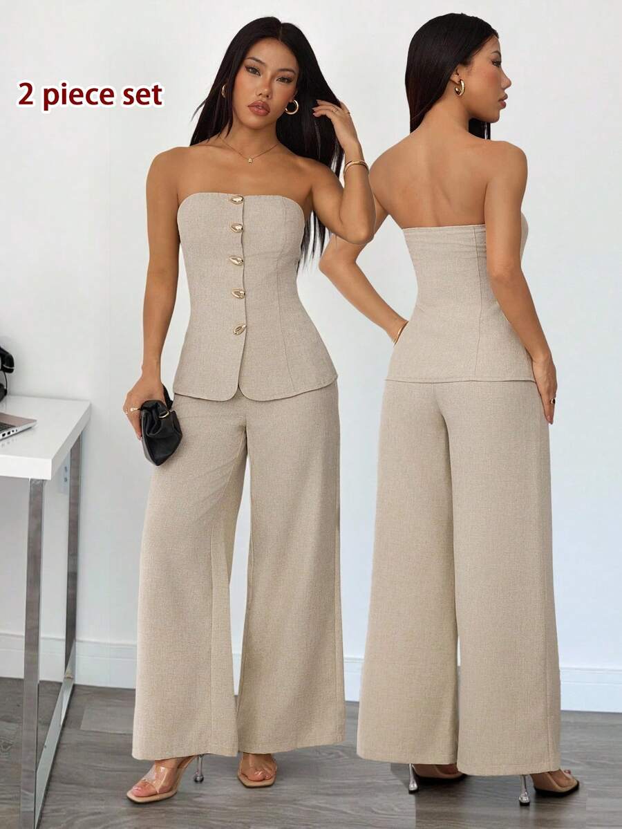 SHEIN PETITE 2件組女款優雅極簡金屬扣細肩帶背心+高腰寬腿長褲 卡其色,適合辦公、休閒、度假 - 卡其色 - 查看 1