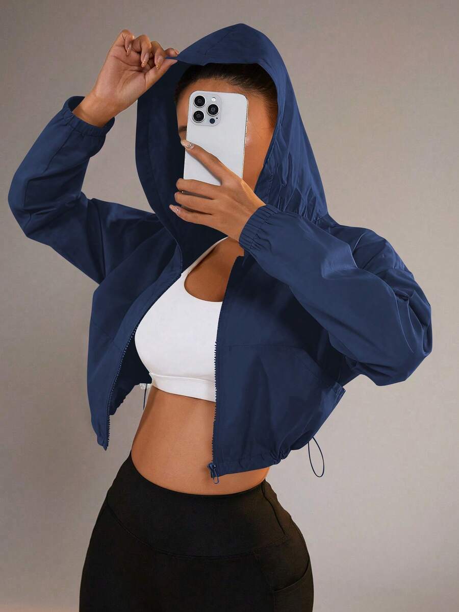 SHEIN Dewbera Zip-Up Hooded Drawstring Hem Sun Protection Jacket Crop Top Jacket Cropped Windbreaker Blue Jacket Cropped Zip Up Cropped Workout Jacket Hooded Jacket