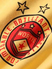 DAZY 女士V领短袖休闲T恤，星形印花 - 黃色 - 查看 3