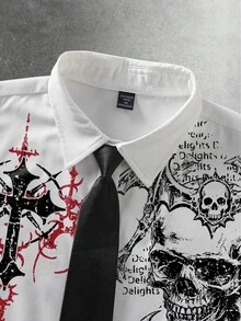 ROMWE MEN Men's Gothic Print Short Sleeve Shirt - White - View 2