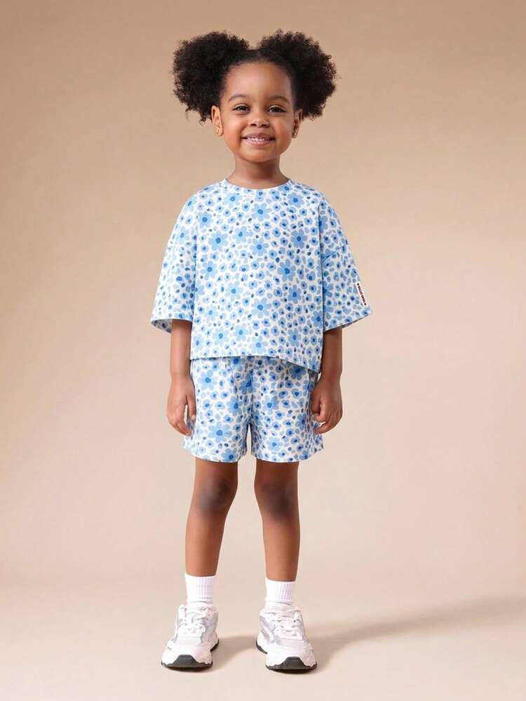 Ensemble coordonné bleu à pois surdimensionné pour filles, haut à manches courtes et shorts assortis, tenue d'été décontractée, pour un port quotidien, mode enfant